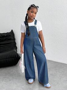 SHEIN 青少年女孩时尚 Y2k 柔软可爱蝴蝶结宽松海军蓝牛仔裤工装裤，适合青少年女孩服装、女孩服装日常服装、四季服装、女孩街头服装和返校服装 - 中等水洗藍 - 查看 5