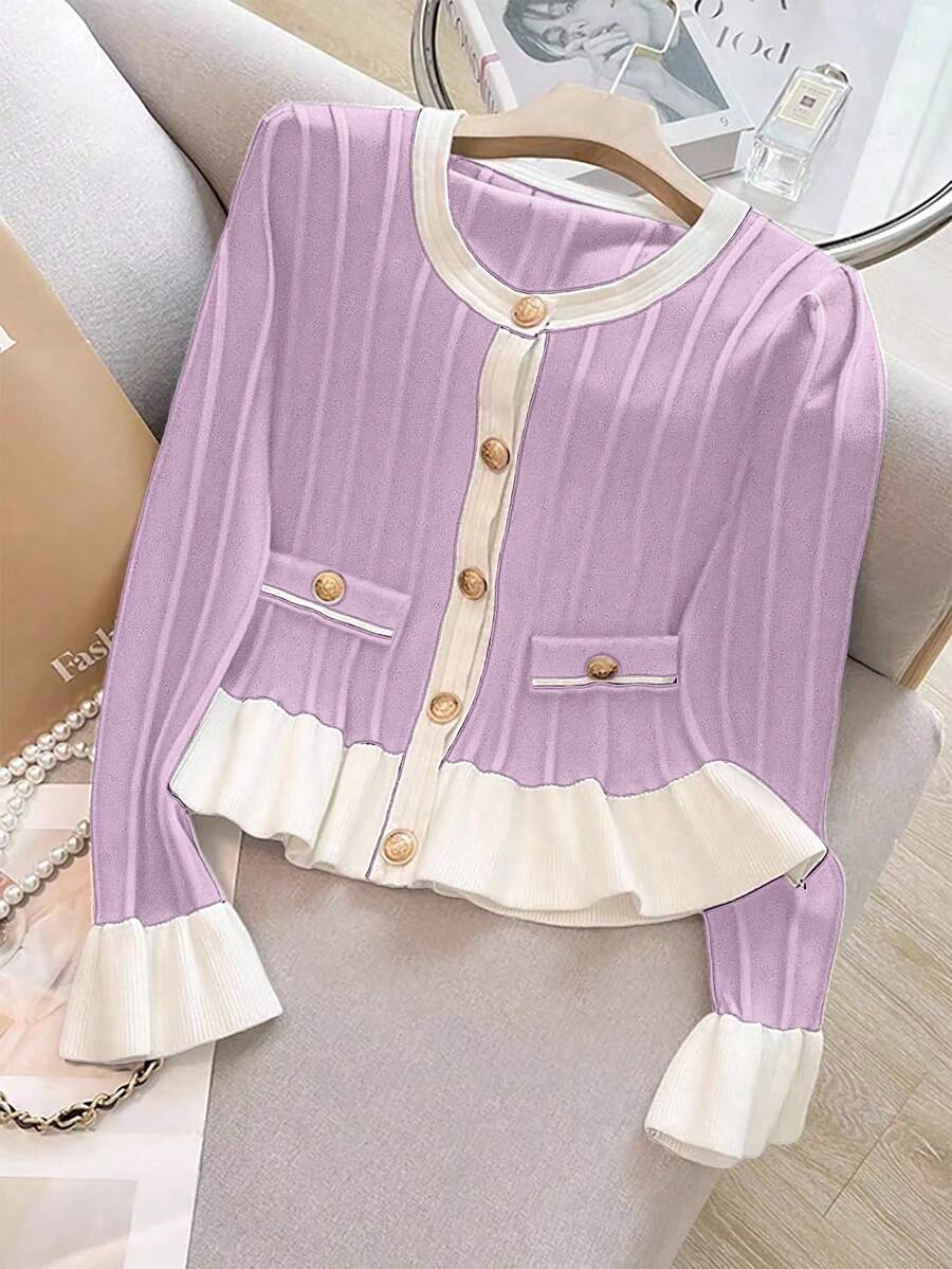 SHEIN LUNE 新款温柔优雅喇叭袖荷叶边下摆针织开衫,女式,春秋季 - 淡紫色 - 查看 1