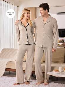 CoupledUp Men's Turndown Collar Top & Long Pants Pajama Clothes Set, Autumn/Winter Lounge Wear Sets Couple Matching Pajamas Set Matching Lounge Set - Khaki - View 5