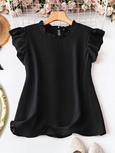 SHEIN CURVE+ Plus Size Women Ruffle Trim Round Neck Casual Cap Sleeve Comfortable Blouse, Suitable For Summer Daily Wear