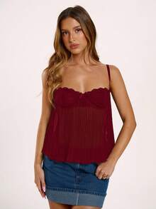 SHEIN BAE Women's Solid Color Lace Patchwork Bow Decor Casual Camisole,Red Tops For Women - Burgundy - View 3