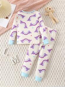 Set pigiama aderente per bambine/ragazze, base crema con stampa di orsetti arcobaleno viola, top a maniche lunghe e pantaloni abbinati, polsini e colletto a costine colorati, adatto per autunno/inverno - Multicolore - Visualizzare 2