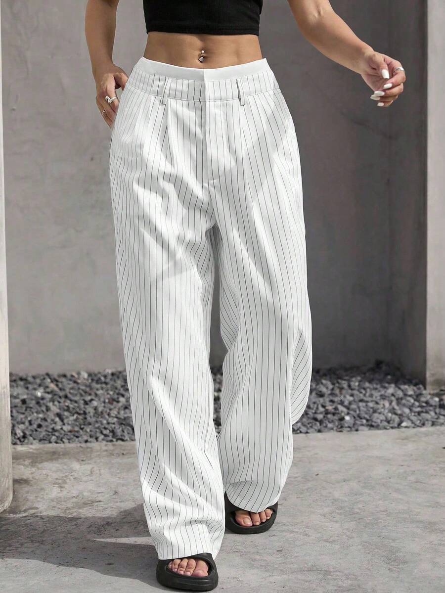 SHEIN EZwear Quần ống rộng kẻ sọc thường ngày cỡ lớn dành cho người đi làm - trắng - Xem 1