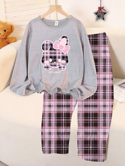 青少年女孩两件套睡衣套装，卡通兔子印花针织长袖上衣和全身格子裤，舒适的日常家居服