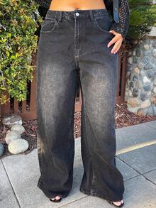 Nezia Cruz 高腰洗水牛仔裤，适合街头潮流、休闲风、酷女孩、Y2K 和 2000 年代风格 - 黑色 - 查看 3