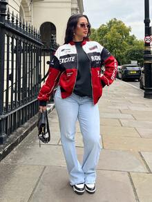 NegzBox Letter Pattern Contrast Color Drop Shoulder Bomber Jacket For New Year Clothes Fall Winter Cloth For Women - Red - View 6