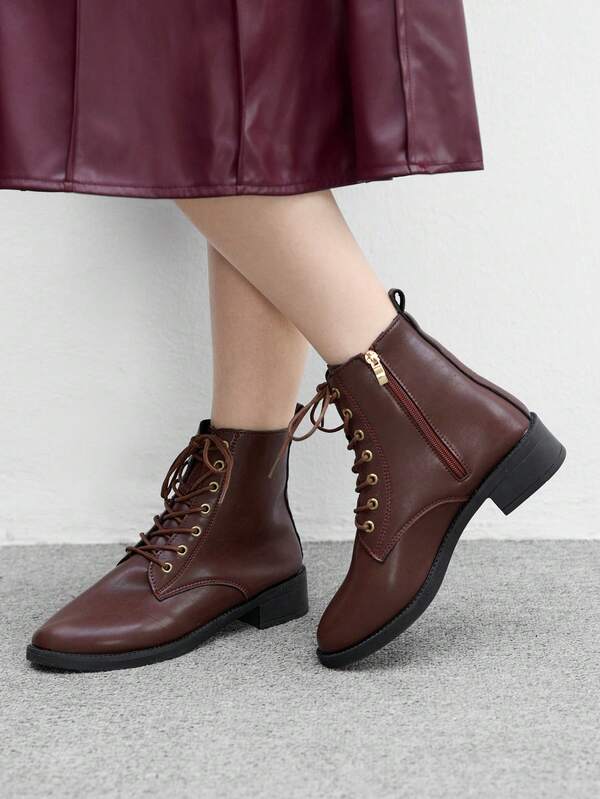 CUCCOO BIZCHIC Women's Classic Lace-Up Round Toe Thick Sole Burgundy Ankle Boots And Short Boots, Comfortable Everyday Wear And Commute, Versatile For Autumn/Winter