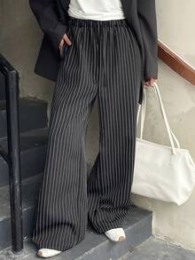 Livesso 女士休闲条纹抽绳直筒裤，宽松商务风，秋冬季保暖内衬 - 黑色 - 查看 4