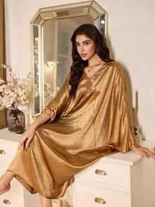 PalaceNights Elegante camisón largo con mangas de murciélago y cuello en V con patrón de encaje dorado, para invierno - Dorado - Ver 6