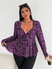 Vibekara Plus Size Women Bowknot Strap Ruched Mesh Flocked A-Line Party Occasion Top - Purple - View 8
