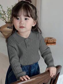 DAZY Baby Girl Casual Daily Commute Simple Solid Color Polo Collar Cable Ribbed Knit Sweater, Autumn/Winter Toddler Girls Clothes - Grey - View 2