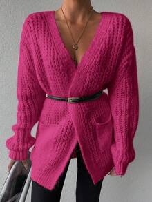 SHEIN Women'S Solid Color Drop Shoulder Cardigan - Pink - View 4