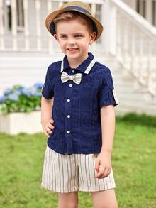 Joliand Joliand 2pcs Young Boys Elegant Urban Khaki Stripe Pattern Bow Tie Decorated Navy Blue Collar Shirt And Striped Shorts Suits, Gentlemen Outfits Suitable For Wedding, Party, Outing, Picnic, Summer Young Boys Suit Set Young Boys Casual Sets Youth Boys Suit Dress Clothes For Boys - Multicolor - View 4