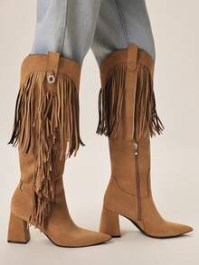Styleloop Women's Fashionable Brown Pointed Toe Western Style Fringe Tall Boots - Brown - View 1