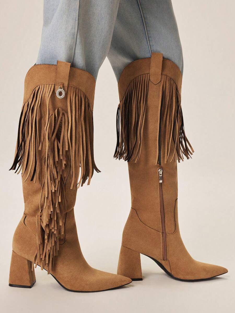 Styleloop Women's Fashionable Brown Pointed Toe Western Style Fringe Tall Boots - Brown - View 1