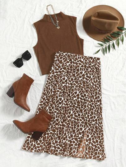 SHEIN Tall Summer/Autumn New Casual Elegant Commute Office Ladies Outdoor Street Sleeveless Short Solid Color Knit Tank Top & Geometric Print High-Low Hem A-Line Skirt 2 Pieces Set