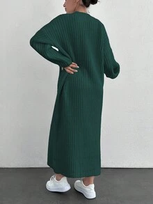 EURMUSE Women Casual Solid Color Long Sweater Dress, Autumn/Winter - Dark Green - View 2