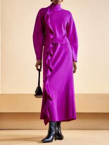 Zivah 2025 Autumn/Winter New Elegant Party, Daily, Date, Work Commute Refined Sexy Casual Long Sleeve Ruffle Trim Loose Purple Women Sweater 2pcs Set - A,Cozy Fall And Winter Clothes For Women