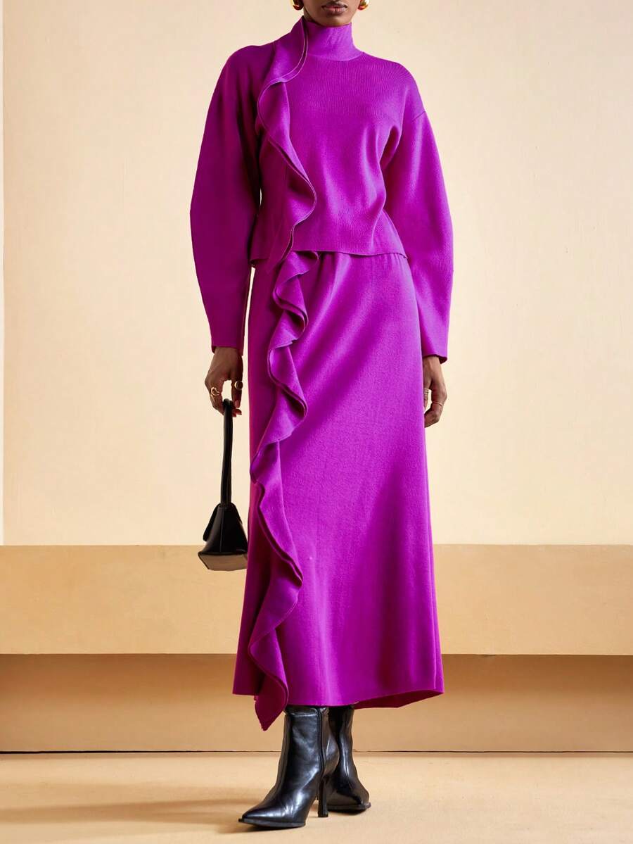 Zivah 2025 Autumn/Winter New Elegant Party, Daily, Date, Work Commute Refined Sexy Casual Long Sleeve Ruffle Trim Loose Purple Women Sweater 2pcs Set - A,Cozy Fall And Winter Clothes For Women