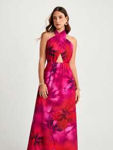 CAJUNI Floral Print Hollow Out Backless Elegant Sleeveless Dress - Red Violet - View 5