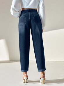 CLARA VERO High Waist Folded Hem Loose Mom Jean - Dark Wash - View 2