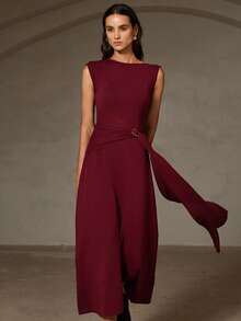 GENKIRA Autumn/Winter Burgundy Wrap-Around Asymmetric Ruched Design Elegant Fitted Maxi Sweater Dress With Decorative Buttons - Burgundy - View 3