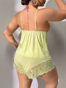 Softscene Plus Size Lace Patchwork Elastic Knit Sexy Backless Camisole & Shorts Pajama Set - Yellow - View 2