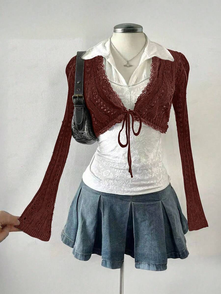 Celisse Women's Solid Color Bell Sleeve Cropped Lightweight Cardigan - Redwood - View 1