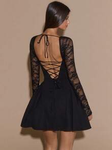 SHEIN BAE Women's Elegant Black Long Sleeve Lace Peplum Dress, Backless Hollow Out Design,Perfect For Night Out,Autumn Party,Cocktail & Wedding Guest - Black - View 2