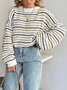 EURMUSE Women Stripe Pattern Round Neck Drop Shoulder Pullover - Multicolor - View 5
