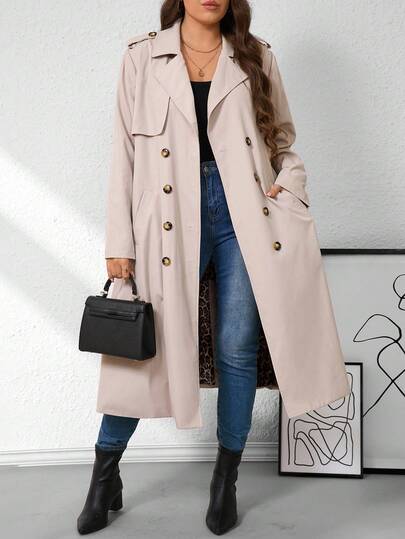 SHEIN Coupe-vent à imprimé léopard avec taille cintrée, col cranté et doublure pour femmes grandes tailles, automne/hiver