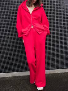 Ontre Women's Drawstring Waist Wide Leg Relaxed Cotton Fit Red Straight Long Pants Fall Women Clothes - Red - View 5