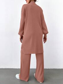 EURMUSE Women's Casual Solid Color Ribbed Knit Drop Shoulder Sweater And Pants 2-Piece Set, Autumn/Winter - Rose Red - View 2