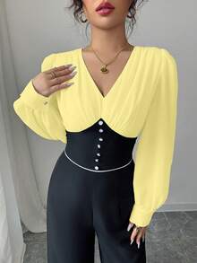 Modelyn Elegant V-Neck Contrast Color Waist Cinched Loose Wide Leg Pants - Yellow - View 6