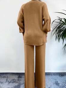 EURMUSE Raglan Sleeve Sweater & Knit Pants Without Belt - Màu Khaki - Xem 2