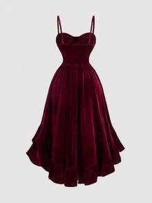 SHEIN CURVE+ 大码女式酒红色长款连衣裙、秋季婚礼宾客连衣裙、返校节舞会连衣裙、早午餐女士套装、文艺复兴博览会连衣裙、布里奇顿风格连衣裙、新年、情人节连衣裙、圣诞节连衣裙 - 酒紅色 - 查看 8