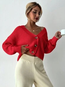 EURMUSE Women's Casual Solid Color Cardigan, Versatile For Autumn/Winter - Red - View 5