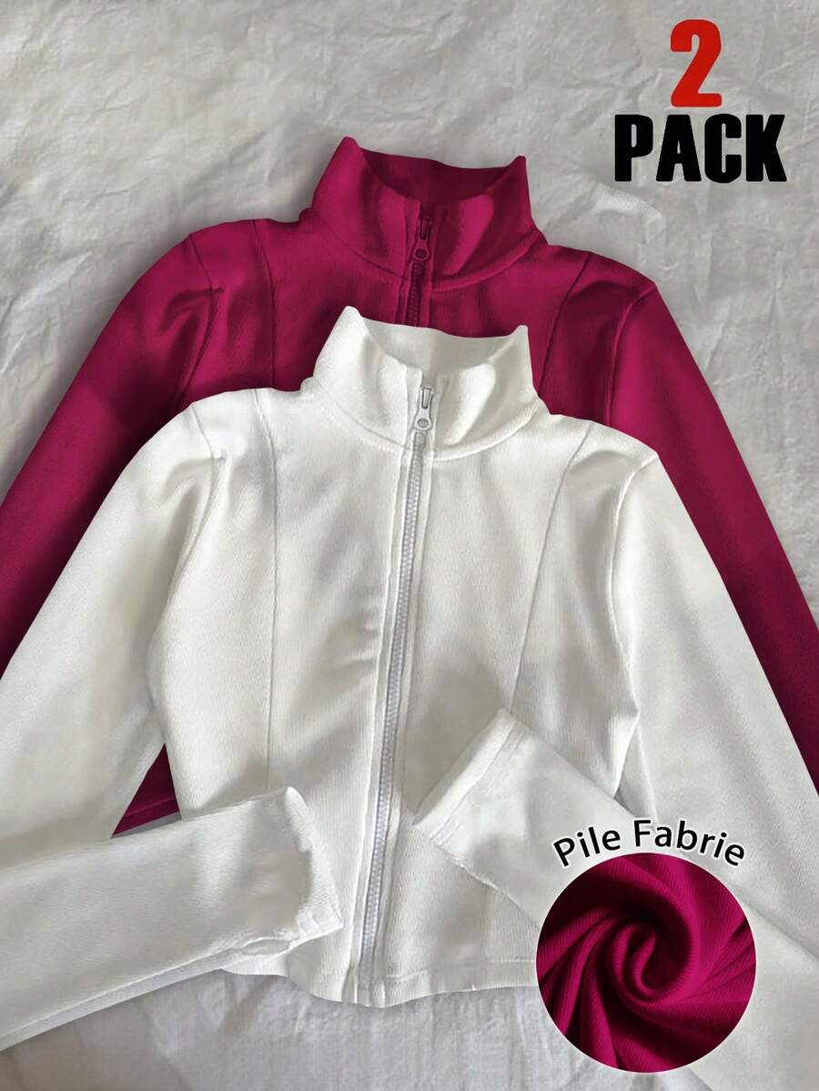 Noixe 2pcs Women Velvet Thin Zip-Up Jacket, White & Burgundy, Casual Street Style, Fitted Long Sleeve, Autumn