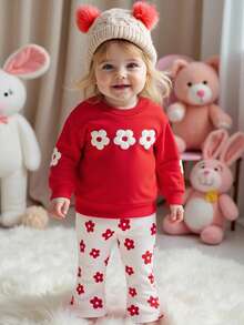 SHEIN Playful Pals 女婴秋冬新款荷叶边领长袖花卉贴花卫衣和罗纹花卉印花喇叭裤休闲运动套装 - 紅色 - 查看 1