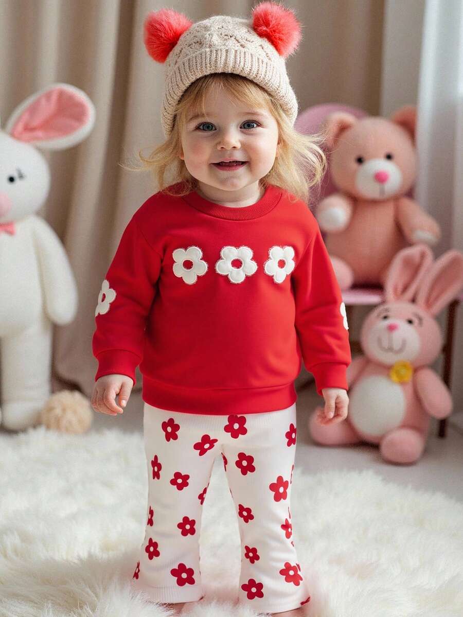 SHEIN Playful Pals 女婴秋冬新款荷叶边领长袖花卉贴花卫衣和罗纹花卉印花喇叭裤休闲运动套装 - 紅色 - 查看 1