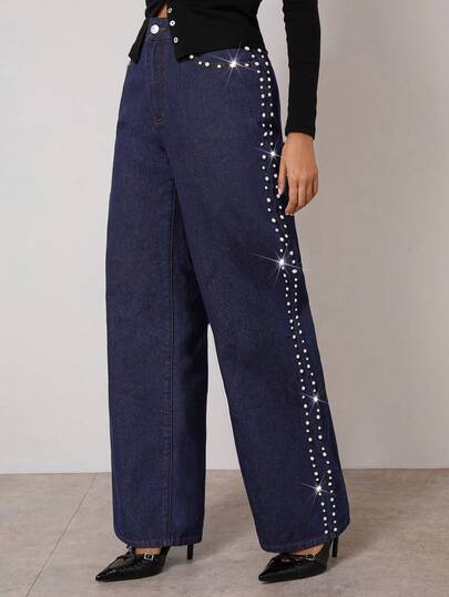 COSMINA Jeans elegantes de pierna ancha con cintura alta, bolsillos y decoración de perlas falsas para mujer