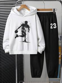Boys' Hooded Sweatshirt With Chest Print & Letter Print Sweatpants, Soft & Comfortable Fabric, Suitable For Outdoor & Indoor Wear, Spring/Autumn - Multicolor - View 4