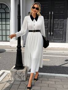 Chiquease Vestido camisero largo con cintura fruncida y plisado de unicolor - Blanco - Ver 3