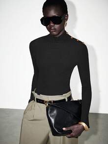 Lumivelle Button Decor Turtleneck Knit Top, Autumn/Winter New Arrival - Black - View 6