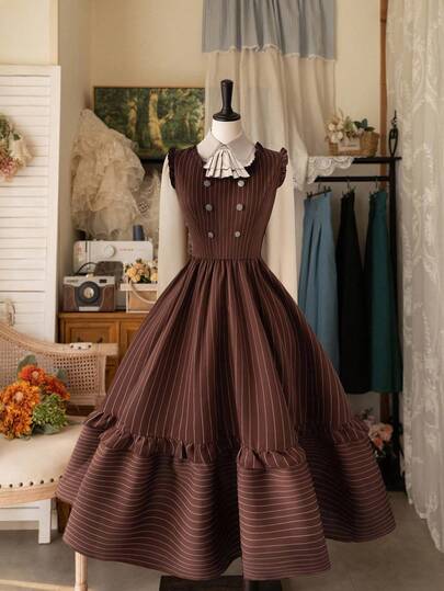 Sweetra 大码女式复古棕色条纹二合一长袖连衣裙