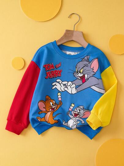 TOM & JERRY X SHEIN Young Boy Casual Cute Cartoon Graphic Contrast Color Loose Fit Round Neck Drop Shoulder Long Sleeve Sweatshirt, Spring/Autumn