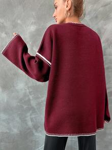EURMUSE Women's Contrast Color Trim Crew Neck Long Sleeve Simple Sweater, Casual For Daily Wear - Burgundy - View 2