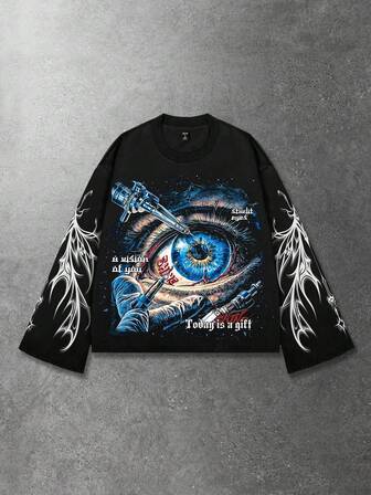 Street Life T-shirt ample à manches longues et coupe courte avec imprimé graphique rétro pour hommes