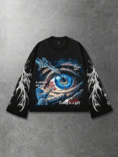 Street Life Herren Retro Grafik Muster Loose Crop Langarm T-Shirt