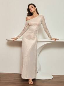 Lyxana Women's Elegant Oblique Shoulder Long Sleeve Dress, Autumn - Apricot - View 5